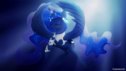 Size: 3265x1837 | Tagged: safe, artist:lilapudelpony, princess luna, alicorn, pony, g4, armor, circlet, eyes closed, female, horn, horn ring, jewelry, mare, regalia, ring, solo