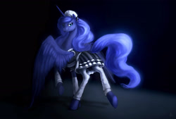 Size: 2982x2011 | Tagged: safe, artist:sh1la, princess luna, alicorn, pony, g4, clothes, female, looking back, maid, mare, raised hoof, skirt, socks, solo, spread wings, uniform, wings