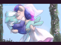 Size: 1024x768 | Tagged: safe, artist:grissaecrim, bon bon, lyra heartstrings, sweetie drops, earth pony, pony, unicorn, g4, my little pony: friendship is magic, the last problem, clothes, crying, dress, duo, female, happy birthday mlp:fim, horn, kiss on the lips, kissing, lesbian, mare, mlp fim's ninth anniversary, ship:lyrabon, shipping, tears of joy, tuxedo, wedding dress