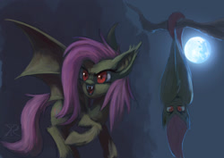 Size: 2315x1637 | Tagged: safe, artist:grissaecrim, fluttershy, bat pony, pony, bats!, g4, bat ponified, fangs, female, flutterbat, hanging, moon, night, race swap, solo, tree branch, upside down