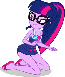 Size: 3125x3727 | Tagged: safe, alternate version, artist:dustinwatsongkx, sci-twi, twilight sparkle, human, equestria girls, equestria girls specials, g4, my little pony equestria girls: better together, my little pony equestria girls: forgotten friendship, x marks the spot, bare shoulders, clothes, female, glasses, high res, kneeling, one-piece swimsuit, sandals, sci-twi swimsuit, simple background, sleeveless, solo, swimsuit, transparent background, vector