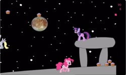 Size: 1252x750 | Tagged: safe, derpy hooves, pinkie pie, twilight sparkle, g4, collect cupcakes lick ponies, cupcake, female, flash game, food, space, stars, youtube link