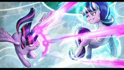 Size: 1920x1080 | Tagged: safe, artist:ereb-tauramandil, starlight glimmer, twilight sparkle, alicorn, pony, g4, my little pony: friendship is magic, the cutie re-mark, blast, duo, female, fight, levitation, magic, magic blast, mare, self-levitation, telekinesis, twilight sparkle (alicorn)