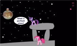 Size: 1252x750 | Tagged: safe, pinkie pie, twilight sparkle, g4, collect cupcakes lick ponies, dialogue, female, flash game, moon, platformer, space, youtube link