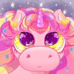 Size: 7087x7087 | Tagged: safe, artist:melassa, oc, oc:melassa, alicorn, big eyelashes, big eyes, bust, close-up, closed mouth, detailed, eyelashes, gasoline stains, gold, heart, heart eyes, horn, jewelry, portrait, profile picture, sparkles, three toned mane, wingding eyes, yellow eyes