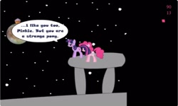 Size: 1252x750 | Tagged: safe, pinkie pie, twilight sparkle, g4, blushing, collect cupcakes lick ponies, dialogue, female, flash game, lesbian, moon, platformer, ship:twinkie, shipping, space