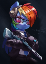 Size: 800x1101 | Tagged: safe, artist:theprince, rainbow dash, pegasus, pony, g4, bipedal, clothes, cosplay, costume, crossover, female, glasses, gloves, gun, headphones, mare, necktie, pants, rainbow six, rainbow six siege, shirt, shotgun, solo, suit, warden, watch, weapon, wristwatch