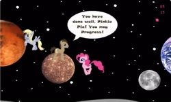 Size: 1251x750 | Tagged: safe, derpy hooves, doctor whooves, pinkie pie, time turner, g4, collect cupcakes lick ponies, dialogue, earth, female, flash game, mars, moon, planet, platformer, space, stars