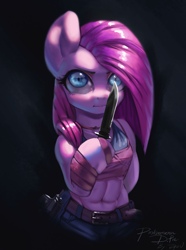 Size: 1024x1373 | Tagged: safe, artist:theprince, pinkie pie, earth pony, semi-anthro, g4, arm hooves, caveira, commission, crossover, dark side, female, gun, handgun, knife, muscles, pinkamena diane pie, pistol, solo, weapon