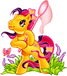 Size: 250x282 | Tagged: safe, scootaloo (g3), butterfly, earth pony, pony, g3, bipedal, butterfly net, cute, dexterous hooves, female, flower, g3 cutealoo, grass, hoof heart, mare, open mouth, open smile, plant, simple background, smiling, solo, underhoof, white background, wisteria