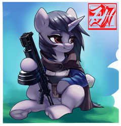 Size: 900x941 | Tagged: safe, artist:theprince, oc, oc only, oc:machine storm, pony, unicorn, frog (hoof), gun, horn, smiling, solo, underhoof, unicorn oc, weapon