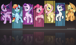 Size: 3000x1771 | Tagged: safe, artist:theprince, applejack, fluttershy, pinkie pie, rainbow dash, rarity, starlight glimmer, twilight sparkle, alicorn, pony, g4, butt, female, mane six, mare, obtrusive watermark, plot, smiling, twilight sparkle (alicorn), watermark