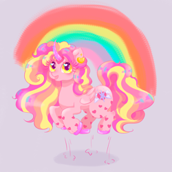 Size: 5906x5906 | Tagged: safe, alternate version, artist:melassa, oc, oc:melassa, alicorn, cute, detailed, female, folded wings, gasoline stains, happy, heart, heart eyes, jumping, looking at you, rainbow, smiling, smiling at you, three toned mane, wingding eyes, wings