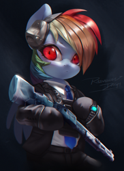 Size: 800x1101 | Tagged: safe, alternate version, artist:theprince, rainbow dash, pegasus, pony, fanfic:rainbow factory, g4, bipedal, clothes, cosplay, costume, crossover, fanfic art, female, gloves, gun, headphones, mare, necktie, pants, rainbow factory dash, rainbow six, rainbow six siege, shirt, shotgun, solo, suit, warden, watch, weapon, wristwatch