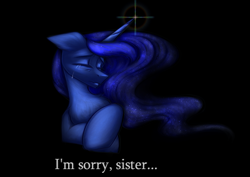 Size: 1992x1410 | Tagged: safe, artist:darklight1315, princess luna, alicorn, pony, mlp fim's fourteenth anniversary, g4, black background, crying, dark, eyes closed, female, hoof on hoof, horn, lying, mare, simple background, solo