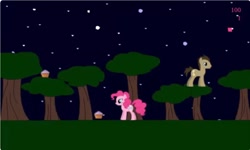 Size: 1250x750 | Tagged: safe, doctor whooves, pinkie pie, time turner, earth pony, pony, g4, collect cupcakes lick ponies, cupcake, female, food, male, mare, night, outdoors, platformer, sky, stallion, stars, tree