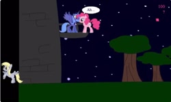 Size: 1250x750 | Tagged: safe, derpy hooves, pinkie pie, princess luna, alicorn, earth pony, pegasus, pony, g4, blushing, collect cupcakes lick ponies, dialogue, female, lesbian, mare, night, outdoors, platformer, ship:lunapie, shipping, stars, tree