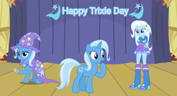 Size: 792x432 | Tagged: safe, artist:lizzmcclin, trixie, human, unicorn, equestria girls, g4, clothes, female, hoodie, horn, indoors, shirt, skirt, solo, trixie day, trixie wearing her boots