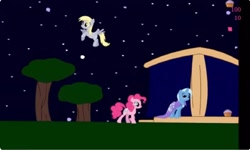 Size: 1252x750 | Tagged: safe, derpy hooves, pinkie pie, trixie, earth pony, pegasus, pony, unicorn, g4, collect cupcakes lick ponies, cupcake, female, flash game, food, horn, mare, night, outdoors, platformer, stars, tree, youtube link