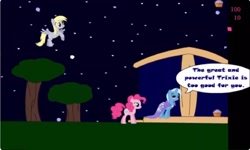 Size: 1252x750 | Tagged: safe, derpy hooves, pinkie pie, trixie, earth pony, pegasus, pony, unicorn, g4, collect cupcakes lick ponies, cupcake, dialogue, female, flash game, food, horn, mare, night, outdoors, platformer, stars, tree, youtube link