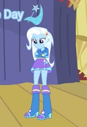 Size: 297x432 | Tagged: safe, trixie, equestria girls, g4, boots, clothes, high heel boots, hoodie, indoors, shirt, shoes, skirt, solo, trixie wearing her boots