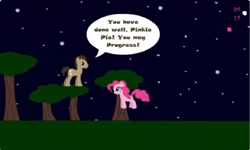 Size: 1252x750 | Tagged: safe, doctor whooves, pinkie pie, time turner, earth pony, pony, g4, collect cupcakes lick ponies, dialogue, female, flash game, male, mare, night, outdoors, platformer, stallion, tree, youtube link