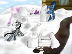 Size: 2048x1536 | Tagged: artist needed, source needed, safe, twilight sparkle, oc, oc:badluck dice, oc:brightsky, pegasus, pony, unicorn, female, glowing, glowing horn, horn, levitation, magic, mare, outdoors, pegasus oc, prpg, snow, snow fort, snowball, snowball fight, telekinesis, trio, unicorn oc