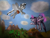 Size: 2048x1536 | Tagged: artist needed, source needed, safe, twilight sparkle, oc, oc:brightsky, alicorn, pony, unicorn, prpg, duo, female, flying, horn, mare