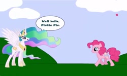 Size: 1252x750 | Tagged: safe, pinkie pie, princess celestia, alicorn, earth pony, pony, g4, collect cupcakes lick ponies, dialogue, female, flash game, outdoors, platformer, youtube link