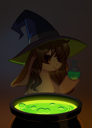 Size: 1840x2547 | Tagged: safe, artist:shallarts, oc, unnamed oc, earth pony, hybrid, original species, pony, rabbit pony, bunny ears, cauldron, commission, female, halloween, hat, holiday, mare, potion, solo, witch, witch hat, ych result