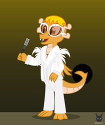 Size: 1189x1416 | Tagged: safe, artist:wheatley r.h., derpibooru exclusive, oc, oc only, oc:myoozik the dragon, dragon, dragon oc, elton john, glasses, gradient background, microphone, necklace, non-pony oc, single panel, solo, tooth necklace, vector, watermark