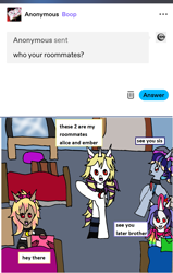 Size: 1179x1848 | Tagged: safe, artist:ask-luciavampire, oc, oc only, oc:alice melody, oc:aurora dreamer, oc:ember shade, earth pony, pony, undead, unicorn, vampire, vampony, ask, horn, roommates, tumblr, tumblr:ask-vampire-academy-ponys