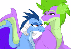 Size: 2935x2044 | Tagged: safe, artist:colourstrike, princess ember, spike, dragon, g4, gauntlet of fire, bedroom eyes, eye contact, female, looking at each other, looking at someone, male, older, older spike, ship:emberspike, shipping, simple background, smiling, straight, white background, winged spike, wings