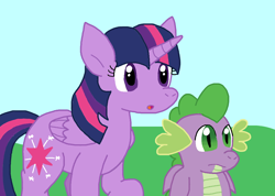 Size: 1064x756 | Tagged: safe, artist:cmara, spike, twilight sparkle, alicorn, dragon, pony, g4, duo, duo male and female, female, male, outdoors, twilight sparkle (alicorn), winged spike, wings