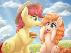 Size: 1024x768 | Tagged: safe, artist:novaintellus, bright mac, pear butter, earth pony, pony, g4, apple, apple pie, brightabetes, cute, duo, duo male and female, female, food, male, mare, mouth hold, pearabetes, picnic, pie, scenery, ship:brightbutter, shipping, sitting, smiling, stallion, straight