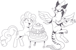 Size: 1609x1053 | Tagged: safe, artist:nauyaco, pinkie pie, oc, earth pony, griffon, pony, cake, duo, food, griffon oc, simple background, white background