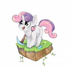 Size: 2449x2449 | Tagged: safe, artist:katemaximova, sweetie belle, pony, unicorn, g4, blank flank, cute, diamond, diamond pickaxe, diasweetes, dirt cube, earth, female, filly, foal, gem, grass, happy, horn, minecraft, open mouth, open smile, pickaxe, simple background, smiling, solo, white background