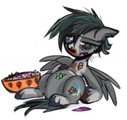 Size: 1106x1038 | Tagged: safe, artist:doodlesinky, oc, oc only, oc:inky doodles, pegasus, candy, chocolate, disoriented, dizzy, food, food coma, halloween, halloween 2024, holiday, messy, messy eating, messy mane, nightmare night, nonbinary, simple background, solo