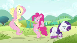 Size: 1280x720 | Tagged: safe, screencap, fluttershy, pinkie pie, rarity, earth pony, pegasus, pony, unicorn, g4, my little pony: friendship is magic, putting your hoof down, season 2, bipedal, female, horn, hub logo, logo, outdoors, the hub, trio, trio female