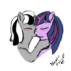 Size: 1024x1024 | Tagged: artist needed, source needed, safe, twilight sparkle, oc, pony, unicorn, prpg, g4, blushing, duo, english, female, horn, kissing, lesbian, mare, simple background, transparent background, unicorn oc, unicorn twilight