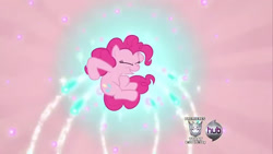 Size: 1280x720 | Tagged: safe, screencap, pinkie pie, earth pony, pony, a friend in deed, g4, my little pony: friendship is magic, female, fireworks, hub logo, logo, solo, the hub