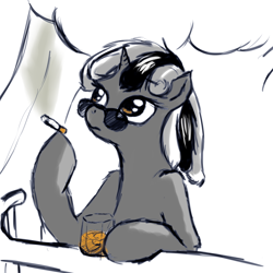 Size: 1024x1024 | Tagged: artist needed, source needed, safe, oc, oc only, oc:badluck dice, pony, unicorn, cigarette, female, glasses, horn, mare, prpg, smoking, solo, unicorn oc