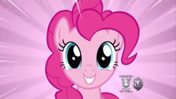 Size: 1280x720 | Tagged: safe, screencap, pinkie pie, earth pony, pony, a friend in deed, g4, my little pony: friendship is magic, female, hub logo, logo, looking at you, smile song, smiling, solo, the hub