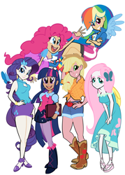 Size: 3458x4829 | Tagged: safe, artist:soruisaaretitan, applejack, fluttershy, pinkie pie, rainbow dash, rarity, twilight sparkle, human, equestria girls, g4, big breasts, breasts, busty fluttershy, busty pinkie pie, cleavage, clothes, dress, female, grin, hand on hip, human coloration, humane five, humane six, light skin, looking at you, rarity peplum dress, shirt, simple background, sleeveless, sleeveless dress, sleeveless shirt, smiling, smiling at you, tan skin, tank top, white background, winged humanization, wings