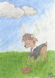 Size: 852x1196 | Tagged: safe, artist:opti, oc, oc only, oc:fair use, deer, deer pony, hybrid, original species, unideer, cloud, drawing, grass, grass field, mud, outdoors, sad, stick figure, traditional art