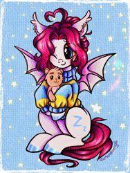 Size: 2250x3000 | Tagged: safe, artist:dariarchangel, oc, oc only, oc:lerk, bat pony, pony, g4, adorable face, ahoge, bat pony oc, bat wings, blue eyes, blue hooves, blushing, c:, clothes, colored hooves, commission, cute, cute face, cute little fangs, cute smile, ear fluff, ear piercing, earring, fangs, female, female oc, hair bun, hoof hold, hooves, hug, jewelry, long tail, ocbetes, one eye closed, passepartout, piercing, pink hair, pink mane, pink tail, plushie, pony oc, raised hoof, sitting, sleepy, small fangs, smiling, solo, spread wings, stars, sweater, sweet dreams fuel, tail, teddy bear, too cute, traditional art, turtleneck, turtleneck sweater, weapons-grade cute, white coat, wings, wink