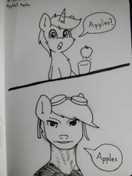 Size: 446x593 | Tagged: safe, artist:taurson, oc, oc only, oc:coffee, earth pony, pony, unicorn, apple, black and white, bust, dialogue, duo, food, goggles, goggles on head, grayscale, hoof hold, horn, male, monochrome, oc-tober, pen drawing, speech bubble, stallion, talking to viewer, traditional art