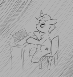 Size: 859x906 | Tagged: safe, artist:taurson, oc, oc only, oc:coffee, pony, unicorn, bags under eyes, chair, computer, desk, floppy ears, grayscale, horn, laptop computer, lidded eyes, male, monochrome, pencil drawing, sitting, solo, stallion, traditional art