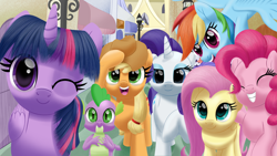 Size: 3840x2160 | Tagged: safe, artist:stellardust, derpibooru exclusive, applejack, fluttershy, pinkie pie, rainbow dash, rarity, spike, twilight sparkle, alicorn, dragon, earth pony, pegasus, pony, unicorn, mlp fim's fourteenth anniversary, g4, 4k, applejack's hat, canterlot, cowboy hat, female, flying, hat, high res, horn, looking at you, male, mane seven, mane six, mare, one eye closed, open mouth, outdoors, raised hoof, realistic mane, smiling, spread wings, twilight sparkle (alicorn), wings, wink