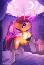 Size: 2600x3800 | Tagged: oc name needed, safe, artist:anku, oc, oc only, pony, unicorn, book, bookshelf, high res, horn, indoors, magic, moon, night, solo, unicorn oc